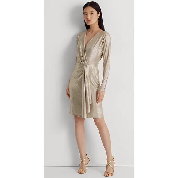 LAUREN RALPH LAUREN WOMENS 16 FAUX WRAP STRETCH COCKTAIL DRESS METALLIC GOLD NEW - Picture 1 of 14